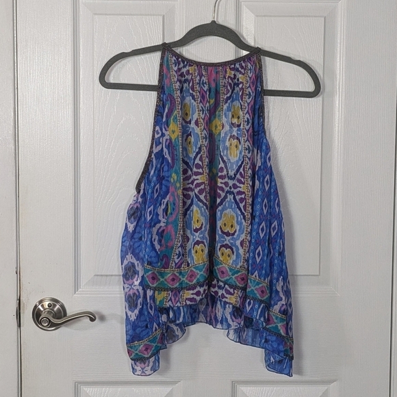 NWT Zara Geometric Print Blue Rhinestone Trim Sleeveless Swing Blouse Size XS - Picture 2 of 8